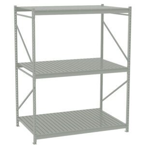 A three-tier steel shelving unit with a simple, utilitarian design. Each shelf consists of horizontally oriented slats, and the structure has vertical supports and diagonal braces for stability. The shelving is empty and isolated on a white background.