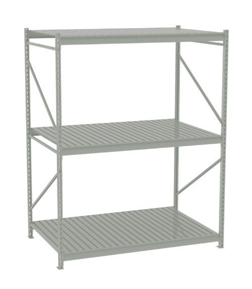 rnrwrsw7wjk3ehej7ngl.jpg A three-tier steel shelving unit with a simple, utilitarian design. Each shelf consists of horizontally oriented slats, and the structure has vertical supports and diagonal braces for stability. The shelving is empty and isolated on a white background.