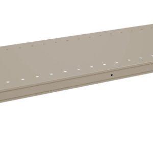 A beige metal shelf with a flat, rectangular surface and small holes aligned along the edges. The shelf appears sturdy and is designed for use in shelving units. It has metal brackets at each end for attachment.