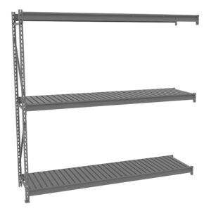 Gray metal shelving unit with three wide, horizontal shelves. The unit has an open design with vertical supports on the left side and no visible back or side panels. The shelves have a slatted surface, suitable for storage purposes.
