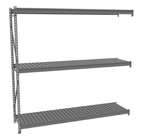 roc18sjathgaehkujcz4.jpg Gray metal shelving unit with three wide, horizontal shelves. The unit has an open design with vertical supports on the left side and no visible back or side panels. The shelves have a slatted surface, suitable for storage purposes.
