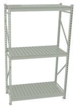 A metal storage shelf with three levels. The shelves are empty, and the unit has a sturdy, industrial design with vertical side supports and horizontal beams. The color is a light gray or silver tone.