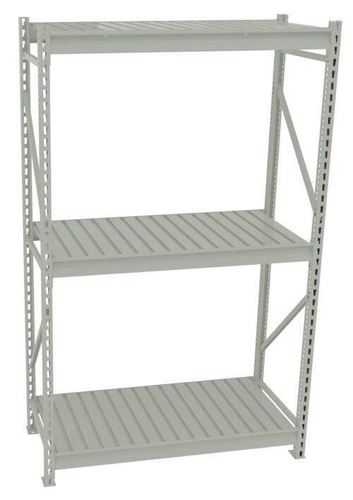 A metal storage shelf with three levels. The shelves are empty, and the unit has a sturdy, industrial design with vertical side supports and horizontal beams. The color is a light gray or silver tone.