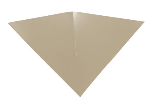 rpd2gjhoesldugzlsslr.jpg A tan, triangular paper airplane is shown from above on a white background. The airplanes shape is simple, with a central fold and pointed edges.