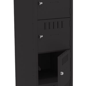 A tall, black metal locker with four compartments. The bottom compartment door is open, revealing an empty interior. Each compartment has a round handle and ventilation slits at the top. The locker stands on four legs.