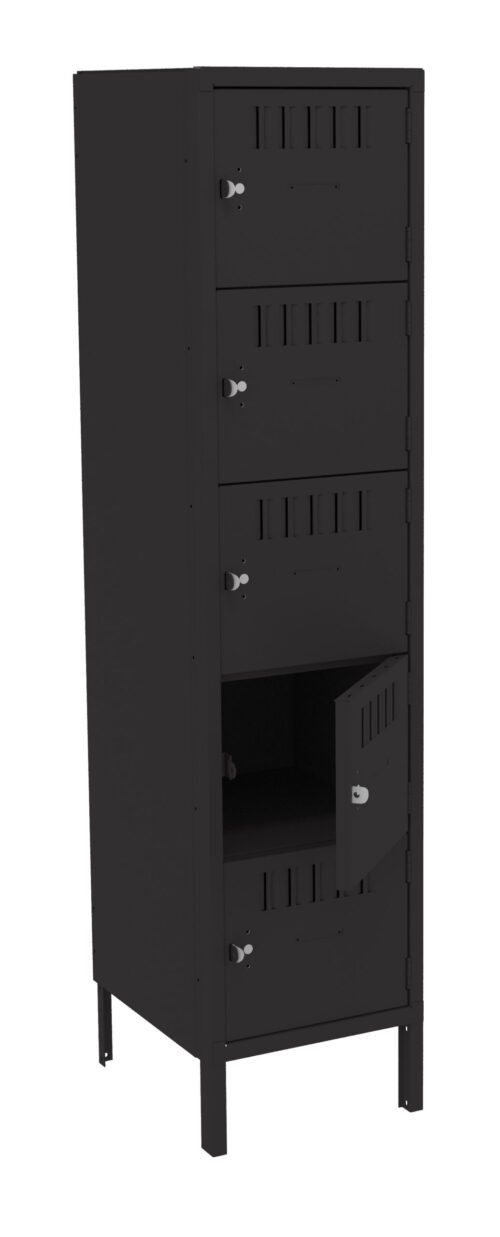 rplrff64xqenxry0n8lz.jpg A tall, black metal locker with four compartments. The bottom compartment door is open, revealing an empty interior. Each compartment has a round handle and ventilation slits at the top. The locker stands on four legs.