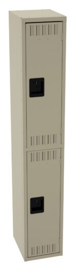 A tall beige metal locker with two vertically stacked compartments, each featuring a black handle. The locker has ventilation slots near the top and bottom of each compartment.