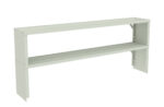 A minimalist, light gray metal shelf with two horizontal levels. It has an open back and sides, with visible support brackets. The design is simple, making it suitable for various storage or display purposes.