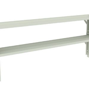 A minimalist, light gray metal shelf with two horizontal levels. It has an open back and sides, with visible support brackets. The design is simple, making it suitable for various storage or display purposes.