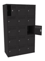 A black metal locker unit with three columns and four rows, making a total of twelve lockers. Two lockers are open, showing an empty interior. The locker doors have vents and keyholes.