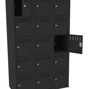 A black metal locker unit with three columns and four rows, making a total of twelve lockers. Two lockers are open, showing an empty interior. The locker doors have vents and keyholes.