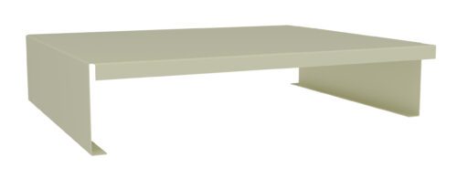 A beige, minimalist desk riser with an open front and solid sides, designed to elevate a monitor or laptop, providing additional space underneath.