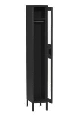 A tall, narrow black metal locker with an open door, revealing an empty interior with a single shelf and hanging rod. The locker stands on four legs, and the door features a rectangular window.