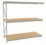 A metal storage rack with three wooden shelves, positioned against a white background. The shelves are evenly spaced, and the frame features diagonal support beams for stability.