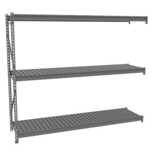A gray metal shelf unit with three horizontal slatted shelves and a vertical support structure on the left side. The shelves are evenly spaced, and the overall design appears sturdy and industrial.