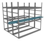 A metal shelving unit with two blue cylindrical objects on one of the middle shelves, viewed from a slight angle. The structure is industrial and open, allowing visibility through all sides.
