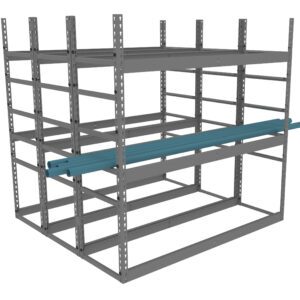 A metal shelving unit with two blue cylindrical objects on one of the middle shelves, viewed from a slight angle. The structure is industrial and open, allowing visibility through all sides.