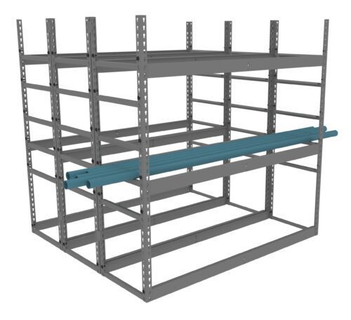 A metal shelving unit with two blue cylindrical objects on one of the middle shelves, viewed from a slight angle. The structure is industrial and open, allowing visibility through all sides.