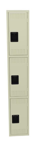A tall, beige metal locker with three stacked compartments, each featuring a black rectangular handle and small vents for airflow.