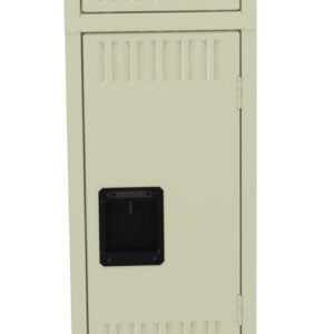 A tall, beige metal locker with three stacked compartments, each featuring a black rectangular handle and small vents for airflow.