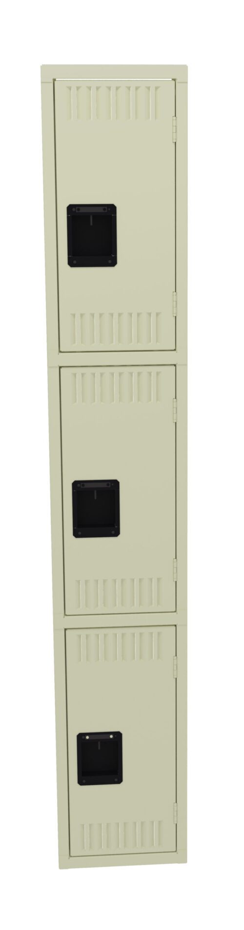 rqpsmrxvpfym7zhjljpg.jpg A tall, beige metal locker with three stacked compartments, each featuring a black rectangular handle and small vents for airflow.
