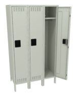 A gray metal triple locker unit with three tall compartments. The door of the right compartment is open, revealing a shelf and hook inside. The other two doors are closed. Each door has a black rectangular handle and small ventilation slots.
