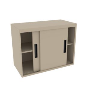 A beige storage cabinet with two sliding doors, each featuring a vertical black handle. One door is partially open, revealing shelves inside. The cabinet has a simple, modern design.