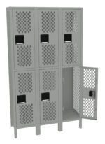 A set of metal lockers with a total of nine compartments, arranged in three rows of three. The lockers have a perforated diamond pattern on the doors, and one door is open, showing an empty interior. The color is light gray.
