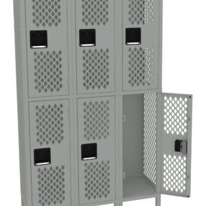 A set of metal lockers with a total of nine compartments, arranged in three rows of three. The lockers have a perforated diamond pattern on the doors, and one door is open, showing an empty interior. The color is light gray.