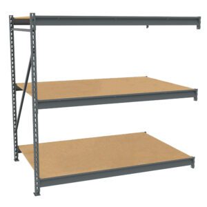 Three-tier industrial metal shelving unit with light brown wooden shelves. The frame is dark gray, with a cross-brace for stability on the left side. The shelves are evenly spaced and designed for heavy-duty storage. White background.