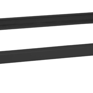 A black, rectangular metal dolly with four swivel caster wheels. The dolly has an open frame design, suited for holding or transporting items. A small red label is visible on one side.