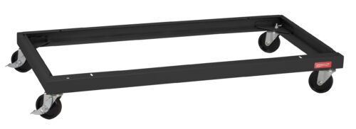 rrgyi6nsdzsrclhdctop.jpg A black, rectangular metal dolly with four swivel caster wheels. The dolly has an open frame design, suited for holding or transporting items. A small red label is visible on one side.