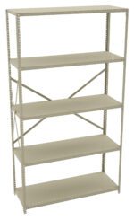 A tall, beige metal shelving unit with five evenly spaced shelves and a simple frame design. The shelves are supported by cross braces at the back, making it suitable for storage or organizational purposes.