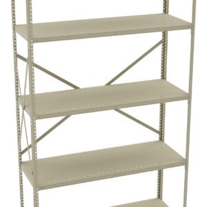 A tall, beige metal shelving unit with five evenly spaced shelves and a simple frame design. The shelves are supported by cross braces at the back, making it suitable for storage or organizational purposes.