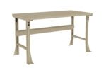 A beige, industrial-style workbench with a flat rectangular surface and sturdy metal legs. The design includes crossbars for stability and support.