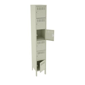 A tall, beige metal locker with six compartments. The second and fifth compartments are open, showing their empty interiors. The locker has a minimal design with ventilation slits on each door.