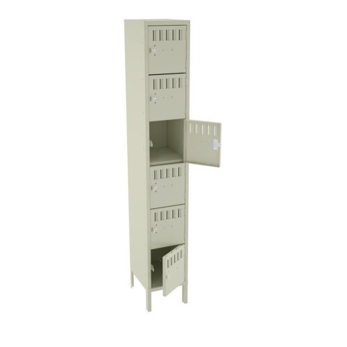 A tall, beige metal locker with six compartments. The second and fifth compartments are open, showing their empty interiors. The locker has a minimal design with ventilation slits on each door.