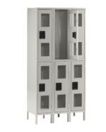 A tall, gray metal locker with six compartments arranged in two columns. Each compartment has a transparent window and a black handle. One of the upper compartments is open, showing the empty interior.