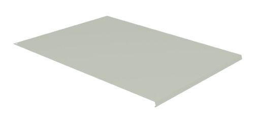 A flat, rectangular, light gray metal panel with a slightly raised edge on one side, viewed from a low angle. The panel appears smooth and has a uniform color, suggesting a polished surface.