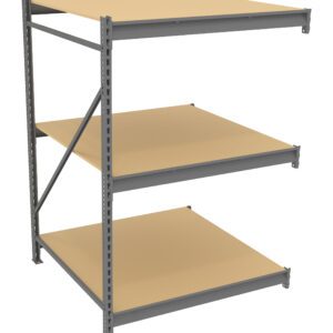 A three-tier industrial storage shelf with a metallic frame and beige wooden shelves. The sturdy structure has an open design with each shelf supported by cross braces on the side. It is empty and stands alone against a plain background.