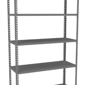 A tall, gray metal shelving unit with five adjustable shelves, designed for storage and organization. The frame has perforated edges for easy height adjustment.