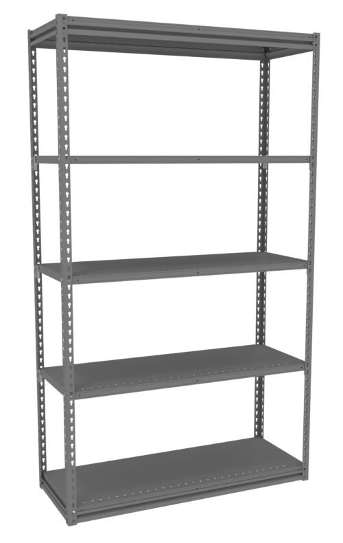 A tall, gray metal shelving unit with five adjustable shelves, designed for storage and organization. The frame has perforated edges for easy height adjustment.