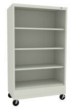 A light gray, multi-shelf storage unit on four black swivel wheels. The unit has three adjustable shelves and an open back, designed for easy mobility. Suitable for organizing books, office supplies, or other items.
