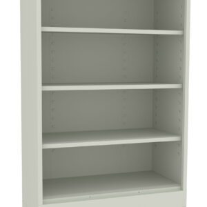 A light gray, multi-shelf storage unit on four black swivel wheels. The unit has three adjustable shelves and an open back, designed for easy mobility. Suitable for organizing books, office supplies, or other items.