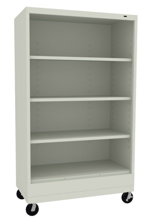A light gray, multi-shelf storage unit on four black swivel wheels. The unit has three adjustable shelves and an open back, designed for easy mobility. Suitable for organizing books, office supplies, or other items.