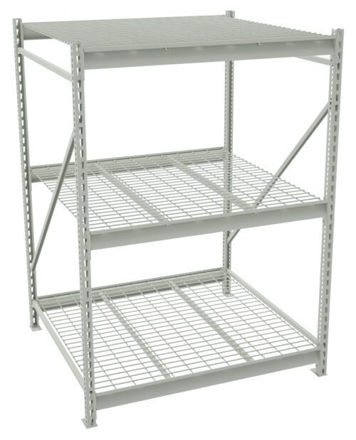 A gray metal storage rack with three levels. The shelves consist of a grid-like wire design. The structure is supported by vertical beams with diagonal supports for added stability. The rack is empty and stands on a plain white background.