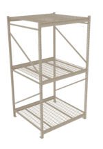 A beige metal shelving unit with three levels, made of mesh-like grids. It has vertical supports with diagonal bracing for stability. The shelves appear sturdy and are suitable for heavy-duty storage purposes.