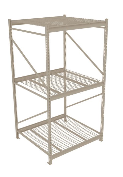 A beige metal shelving unit with three levels, made of mesh-like grids. It has vertical supports with diagonal bracing for stability. The shelves appear sturdy and are suitable for heavy-duty storage purposes.