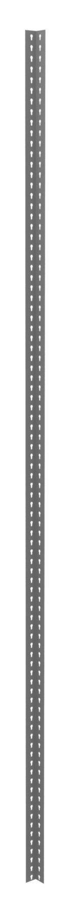 A tall, vertical, gray metal post with rows of small, evenly spaced holes running along both edges.