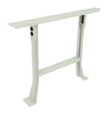A white, metal table leg frame with two legs connected by a horizontal support beam. The legs have multiple holes for screws or bolts, indicating adjustable height options. The design is minimalist and functional.